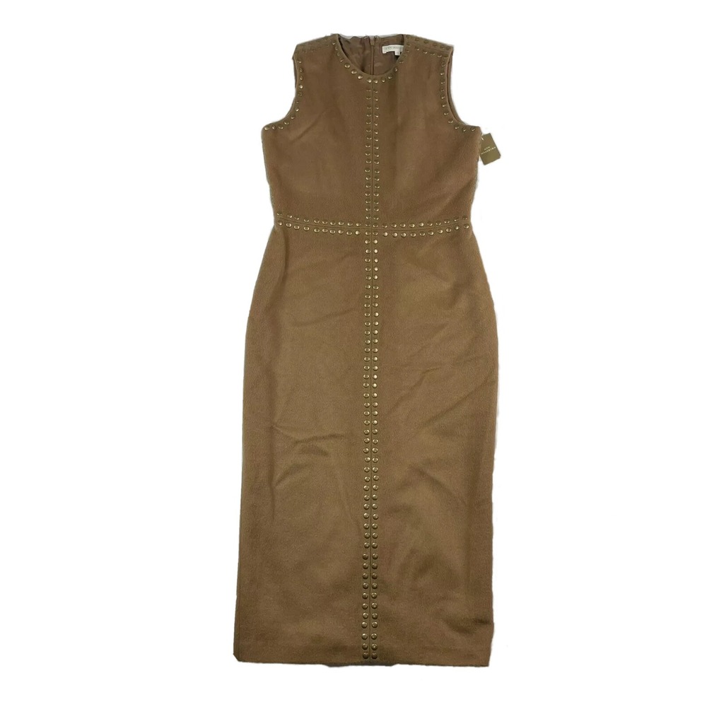 Ann Mashburn Studded Sheath Dress Vicuna Wool Sleeveless Brown AM102-42 6 NWT